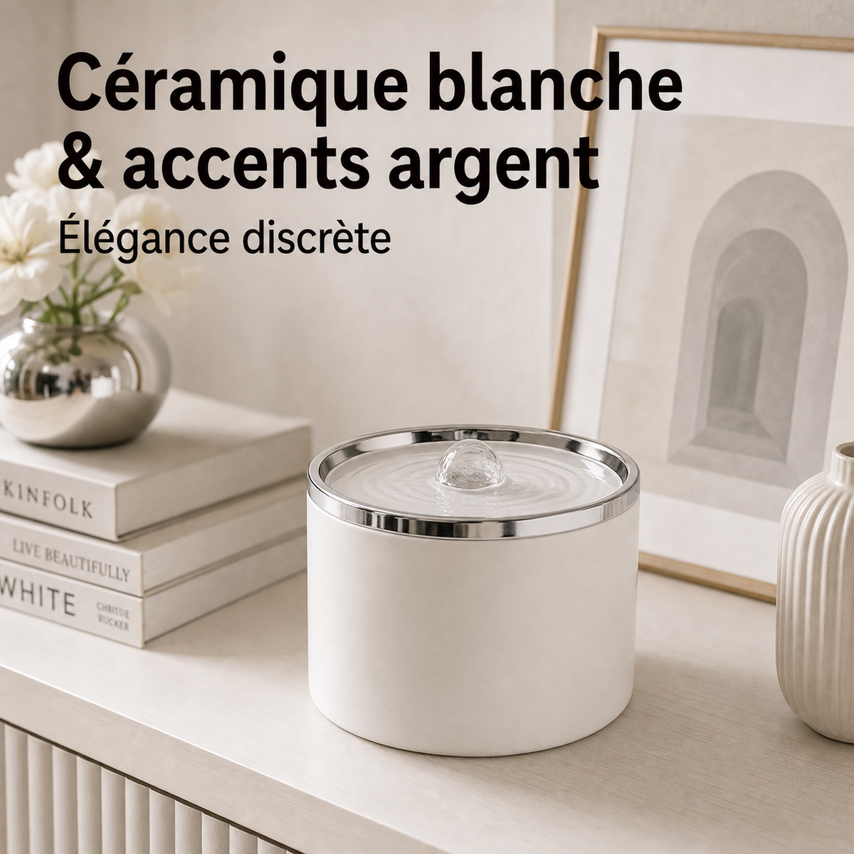 Fontaine à eau en céramique blanche et argenté pour chat – 1 L — vue produit