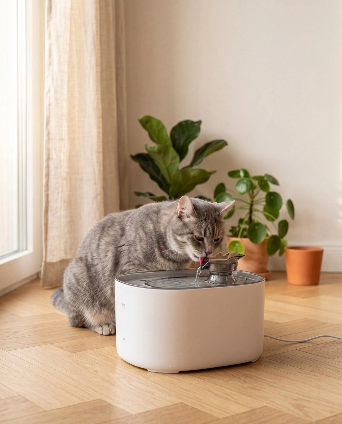 Chat tabby gris buvant à une fontaine à eau blanche moderne dans un intérieur lumineux, La Fontaine Chat
