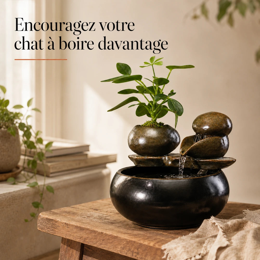 Fontaine à eau en céramique double sphère avec plante pour chat