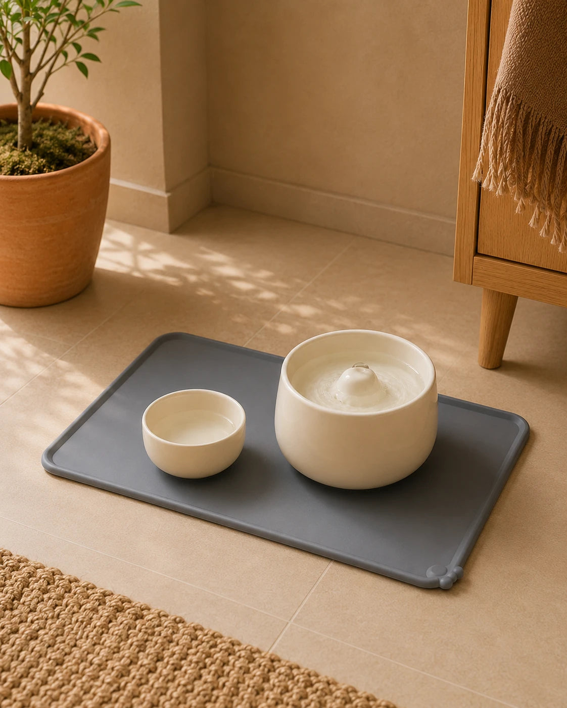 Tapis anti-débordement 48 x 30 avec fontaine et gamelle