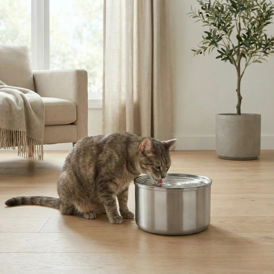 chat dans appartement boit dans fontaine a eau en inox