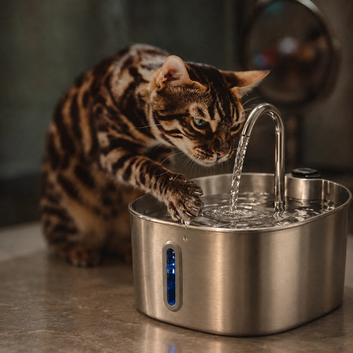 Chat qui boit à la fontaine à eau pour chat en inox à bec robinet Image