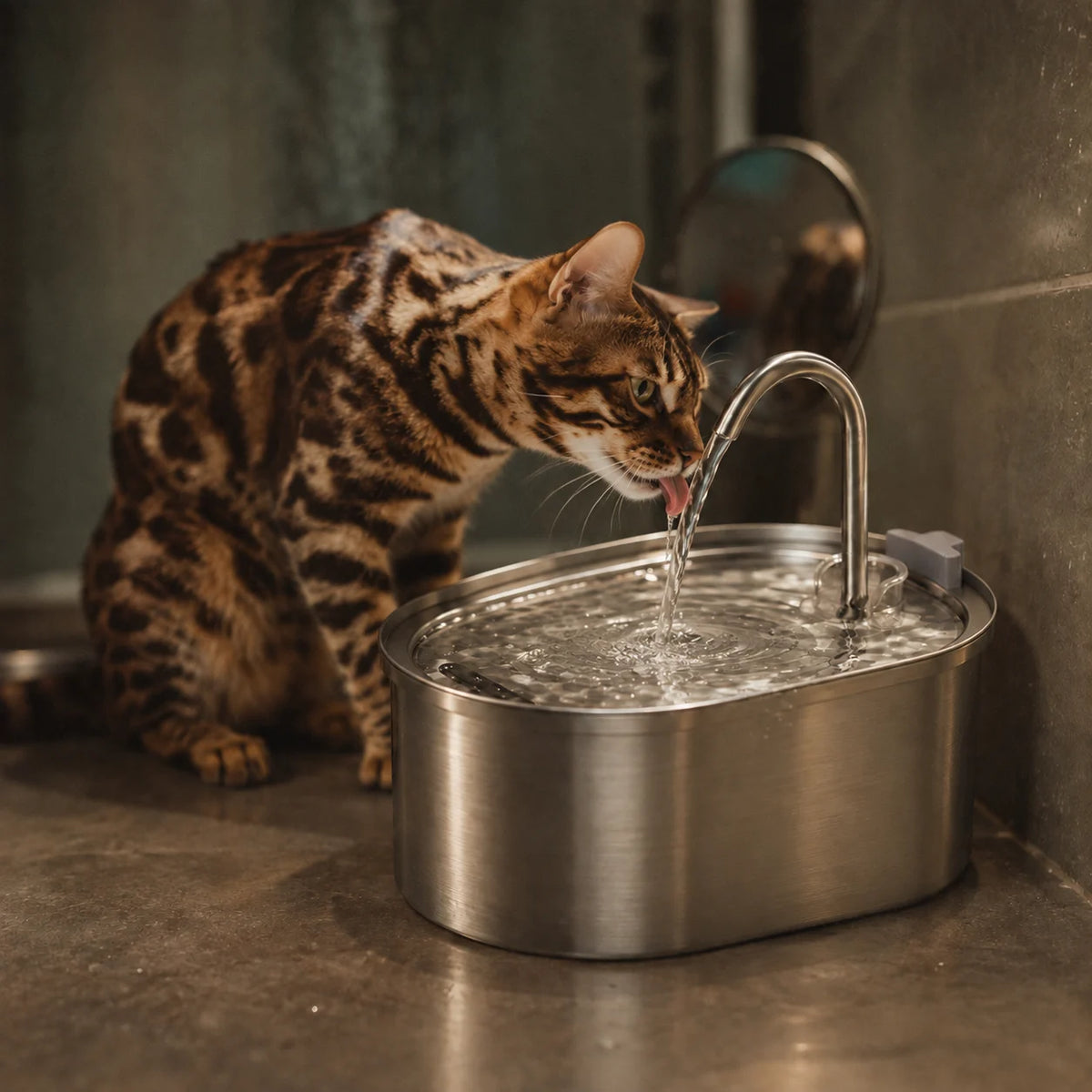 Chat qui boit à la fontaine à eau pour chat en inox grande capacité Image
