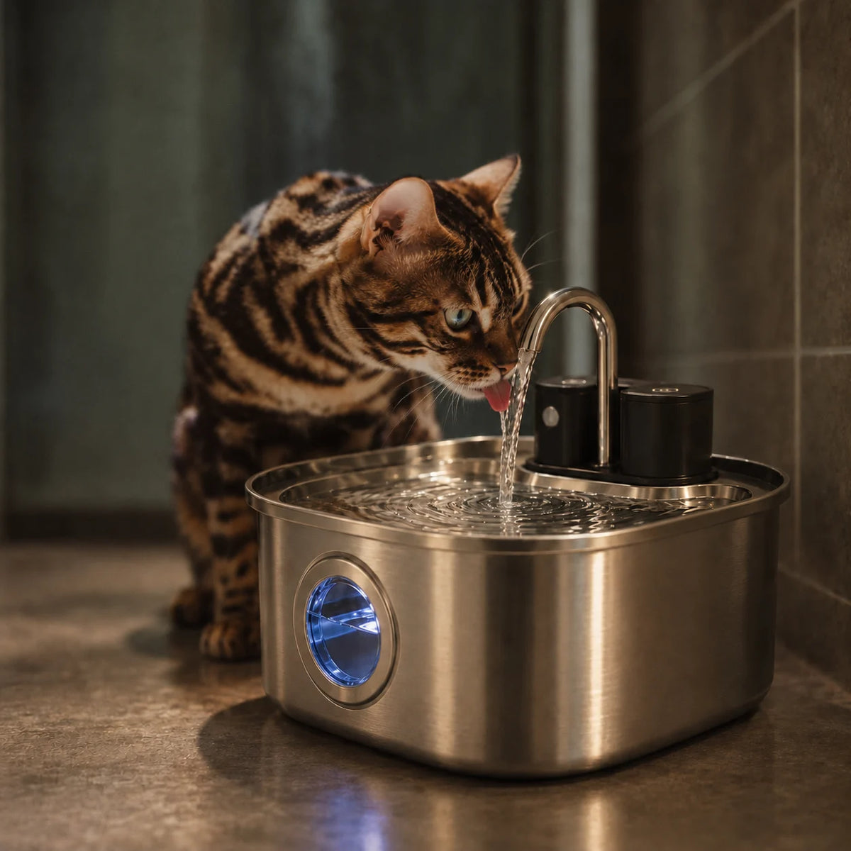 Chat qui boit à la fontaine à eau pour chat en inox sans fil Image