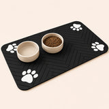 Tapis sous-bowl absorbant noir 30 x 50 cm motif chevrons et pattes, deux gamelles