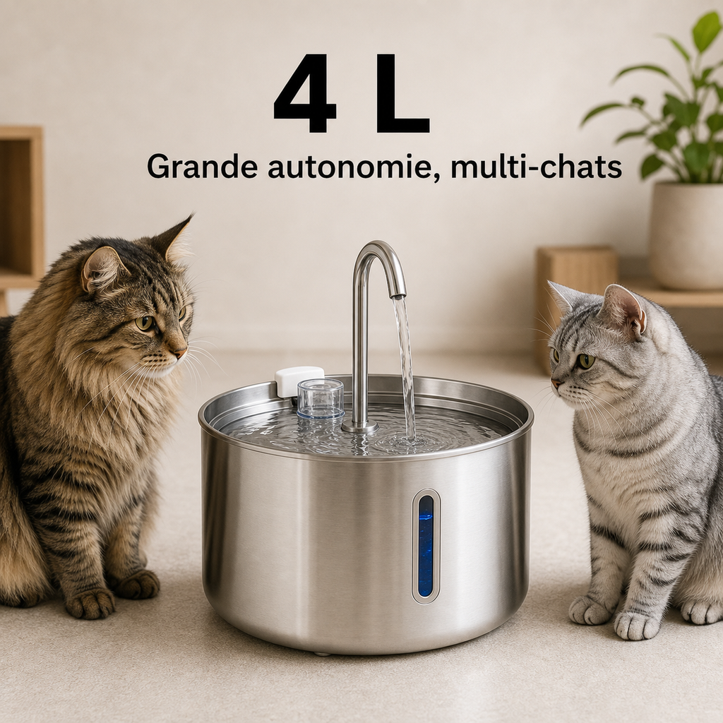 Format et capacité — Fontaine à eau pour chat en inox – Bec robinet 4 L