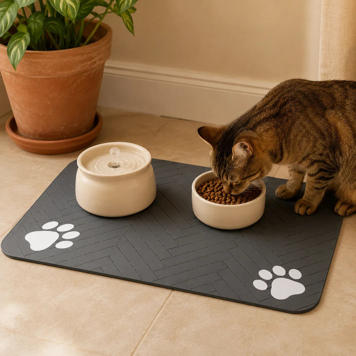 Tapis sous-bowl noir en utilisation dans une cuisine