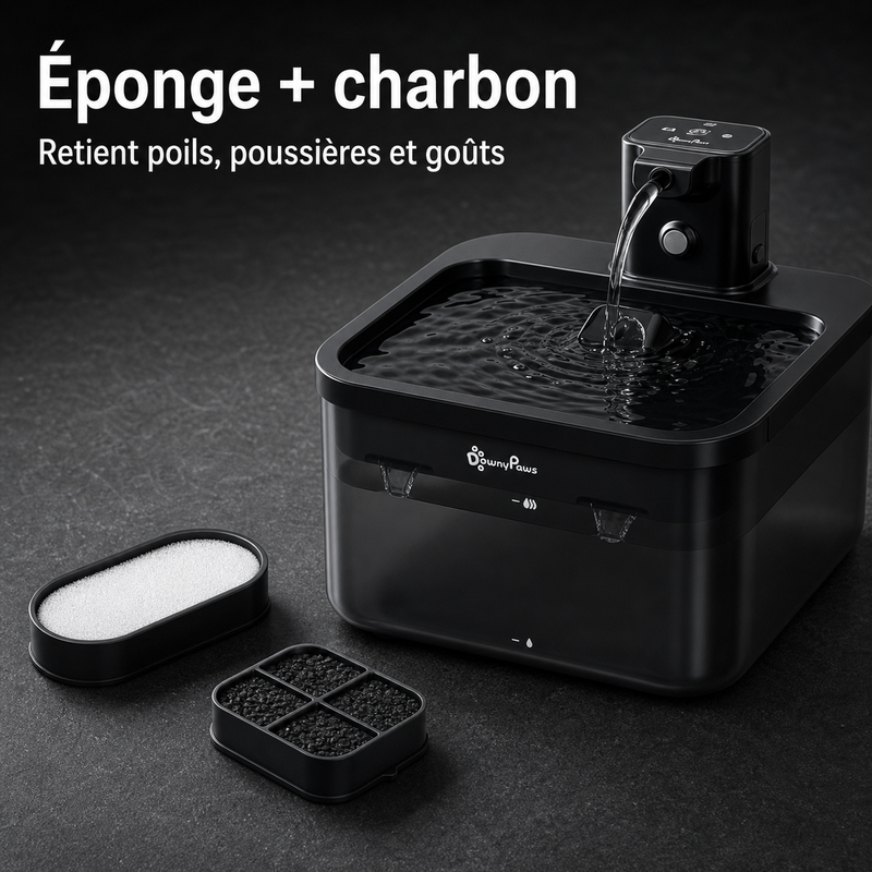 Eau filtrée propre — Fontaine à eau en plastique noir DownyPaws — 2,5 L