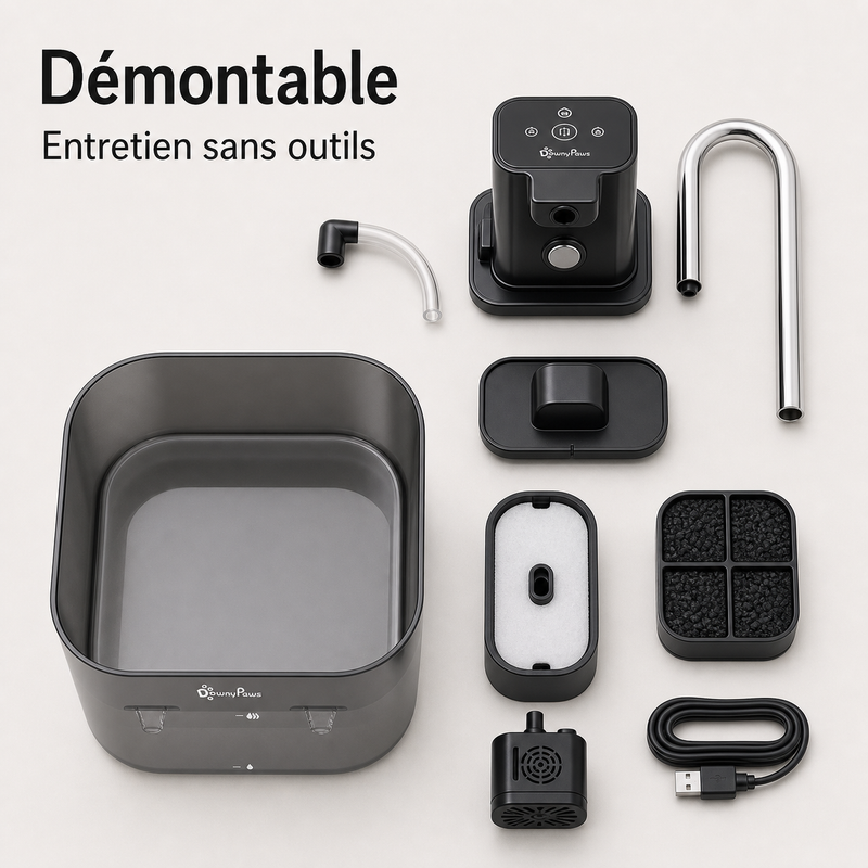 Entretien simple démontable — Fontaine à eau en plastique noir DownyPaws — 2,5 L