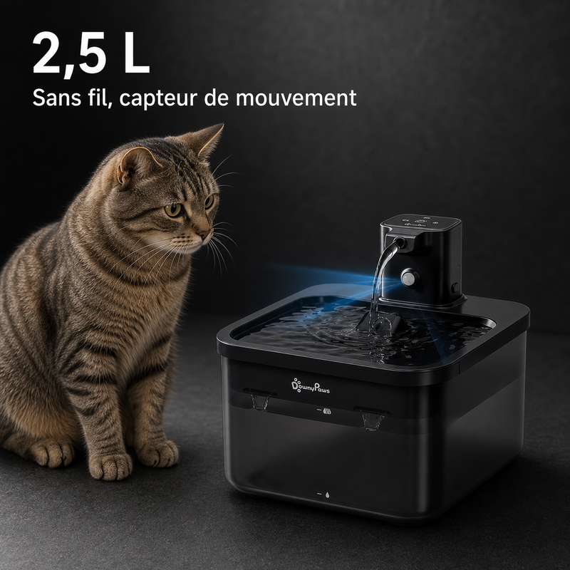 Format et capacité — Fontaine à eau en plastique noir DownyPaws — 2,5 L