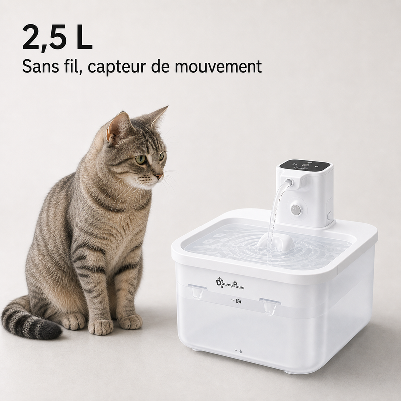 Format et capacité — Fontaine à eau en plastique blanche DownyPaws — 2,5 L