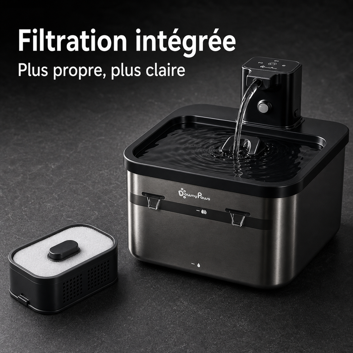 Eau filtrée propre — Fontaine à eau en inox noir DownyPaws — 2,5 L Image