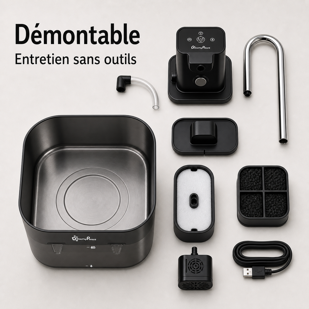 Entretien simple démontable — Fontaine à eau en inox noir DownyPaws — 2,5 L Image