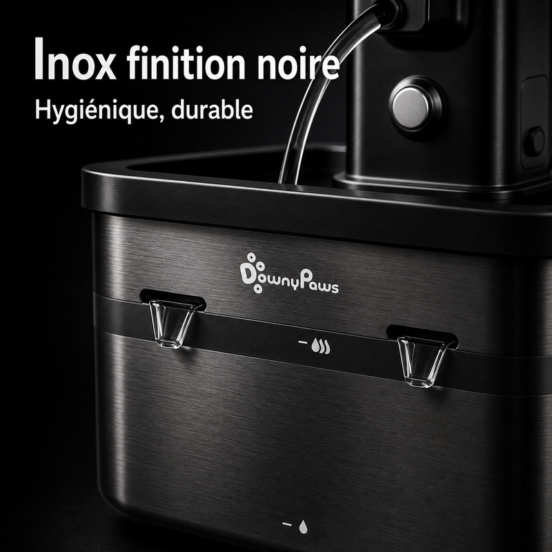Matériaux sains — Fontaine à eau en inox noir DownyPaws — 2,5 L