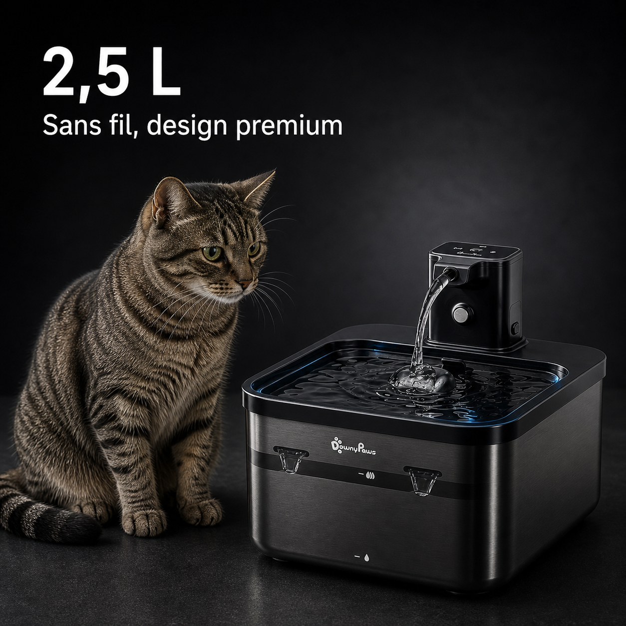 Format et capacité — Fontaine à eau en inox noir DownyPaws — 2,5 L Image