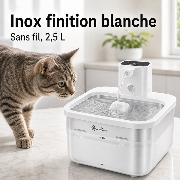 Fontaine à eau en inox blanche DownyPaws — 2,5 L — vue produit