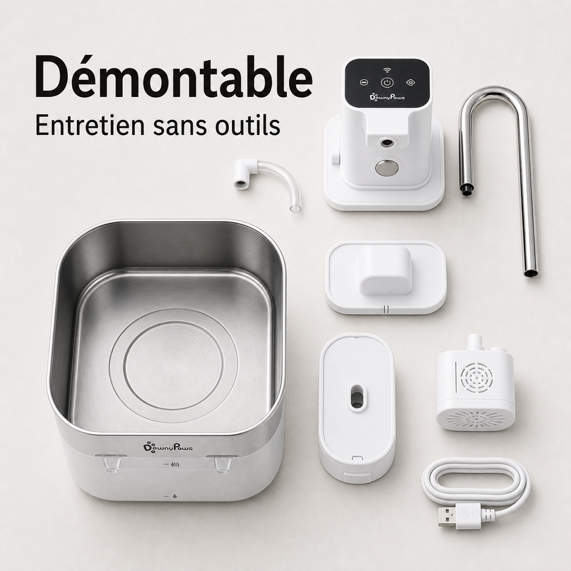 Entretien simple démontable — Fontaine à eau en inox blanche DownyPaws — 2,5 L