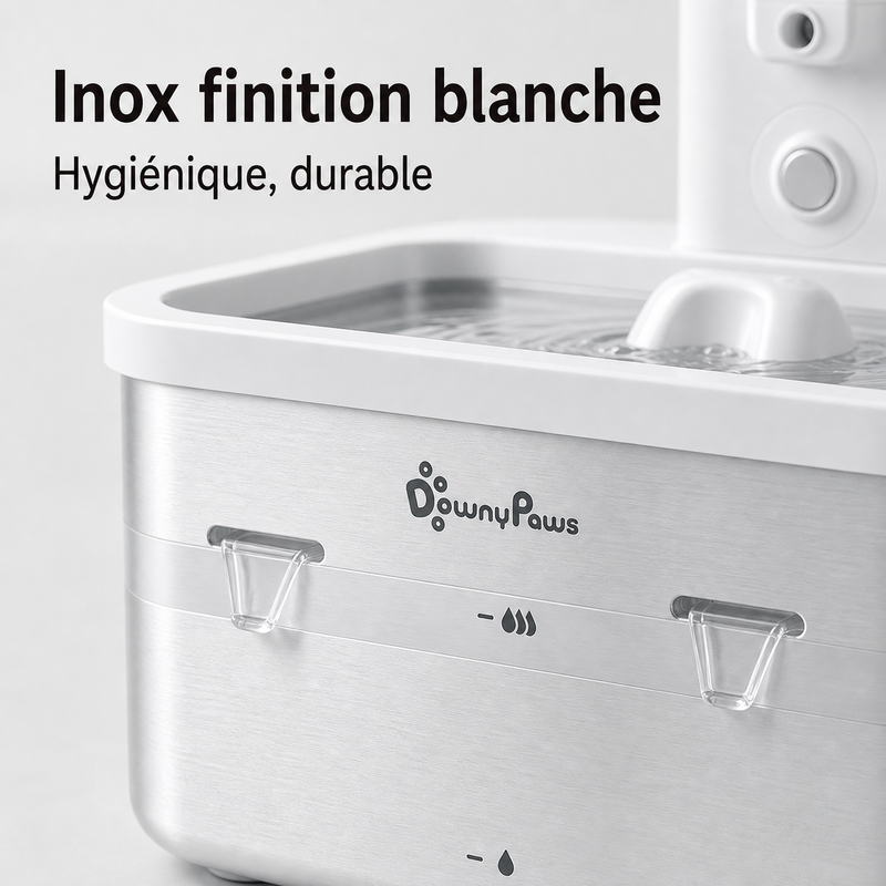 Matériaux sains — Fontaine à eau en inox blanche DownyPaws — 2,5 L