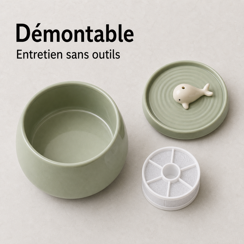 Entretien simple démontable — Fontaine à eau en céramique vert baleine pour chat - 1,3L
