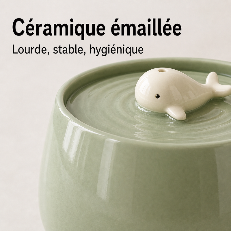 Matériaux sains — Fontaine à eau en céramique vert baleine pour chat - 1,3L