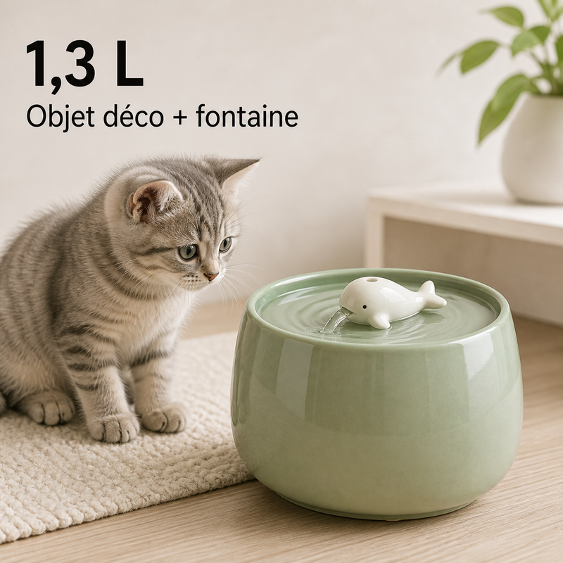 Format et capacité — Fontaine à eau en céramique vert baleine pour chat - 1,3L