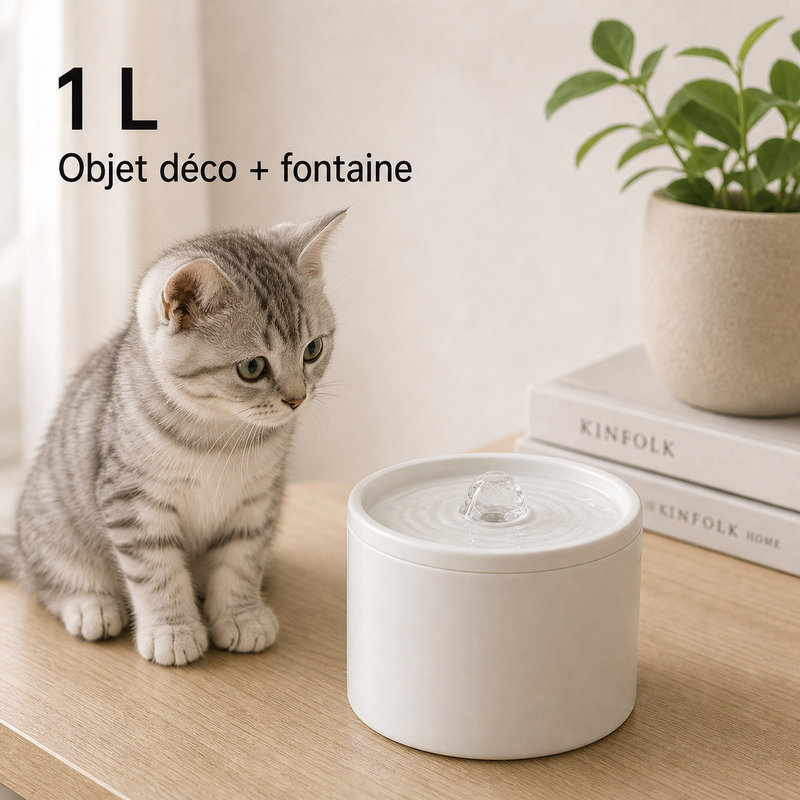 Format et capacité — Fontaine à eau en céramique blanche pour chat – 1 L