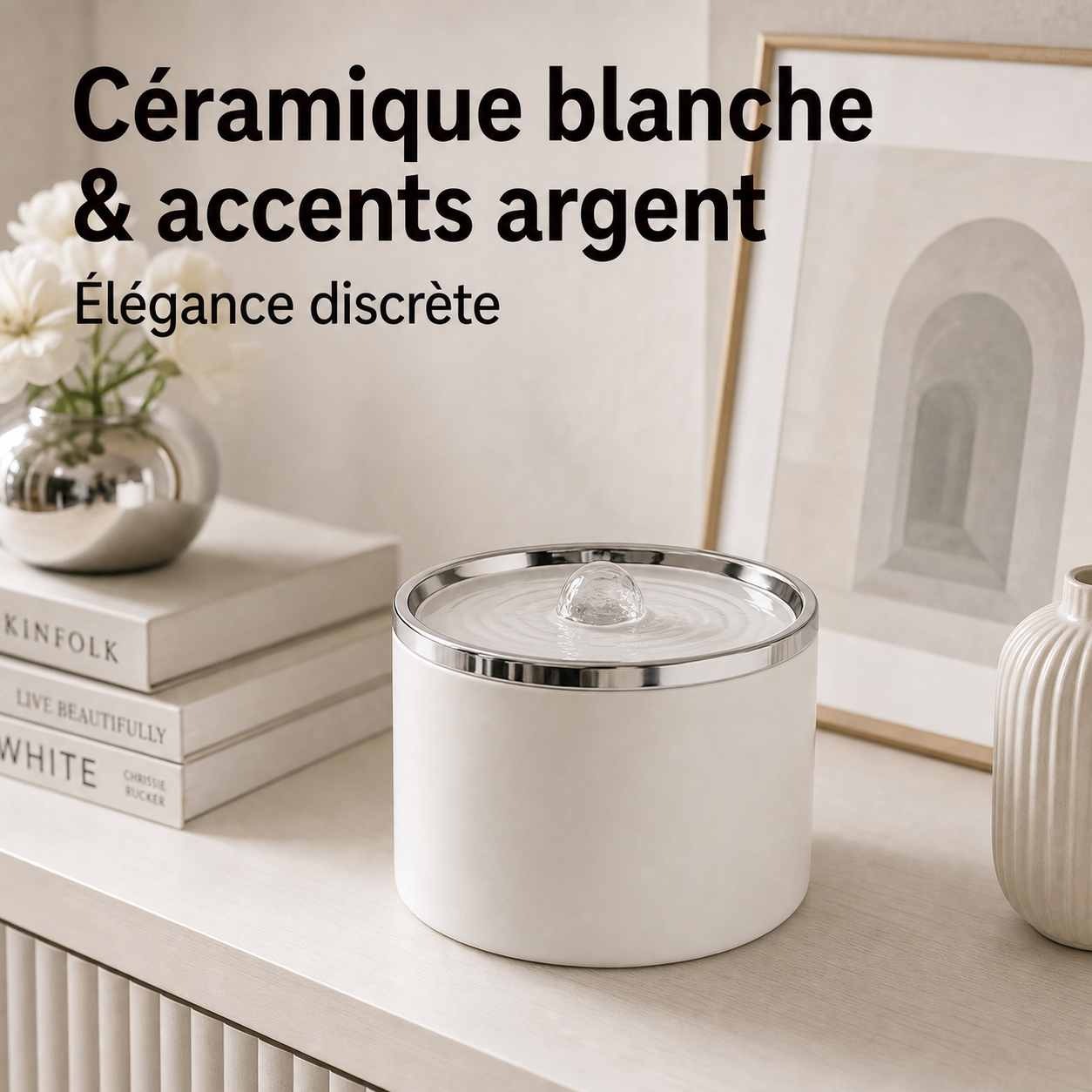 Fontaine à eau en céramique blanche et argenté pour chat – 1 L — vue produit