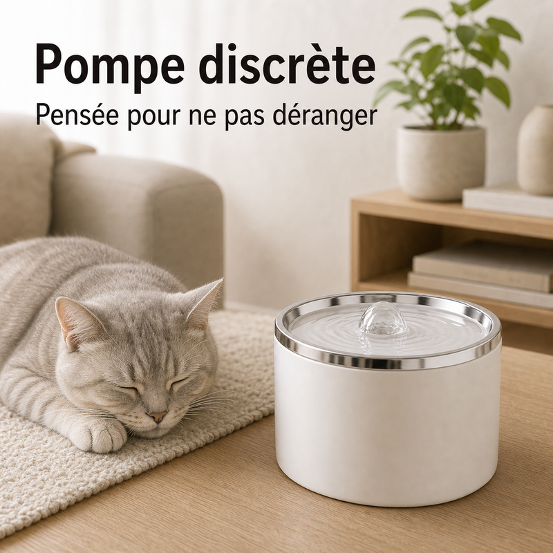 Pompe discrète — Fontaine à eau en céramique blanche et argenté pour chat – 1 L