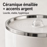 Matériaux sains — Fontaine à eau en céramique blanche et argenté pour chat – 1 L