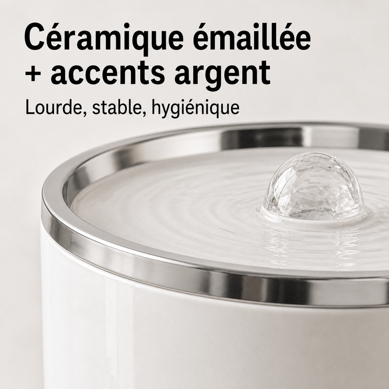 Matériaux sains — Fontaine à eau en céramique blanche et argenté pour chat – 1 L