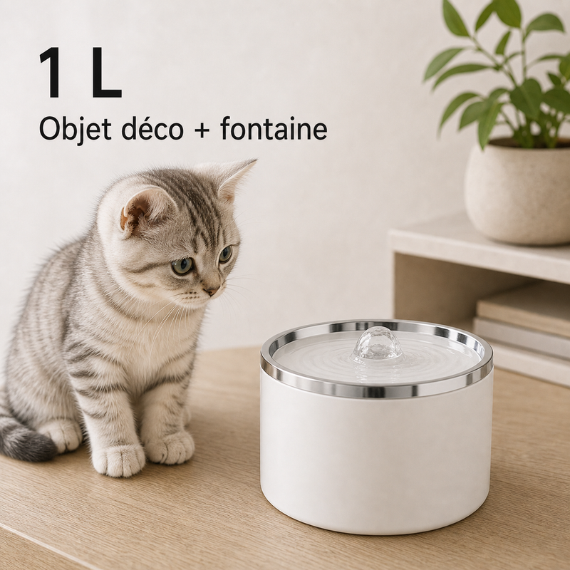Format et capacité — Fontaine à eau en céramique blanche et argenté pour chat – 1 L