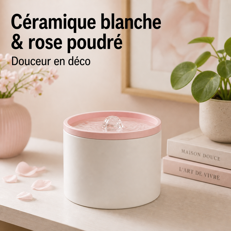 Fontaine à eau en céramique blanche et rose pour chat – 1 L — vue produit