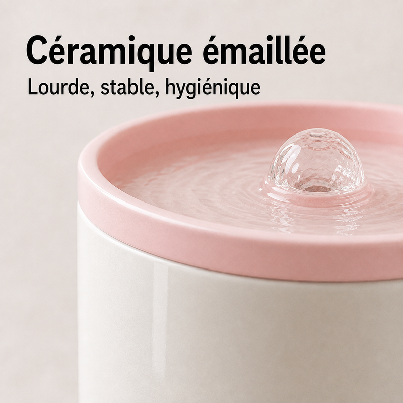Matériaux sains — Fontaine à eau en céramique blanche et rose pour chat – 1 L