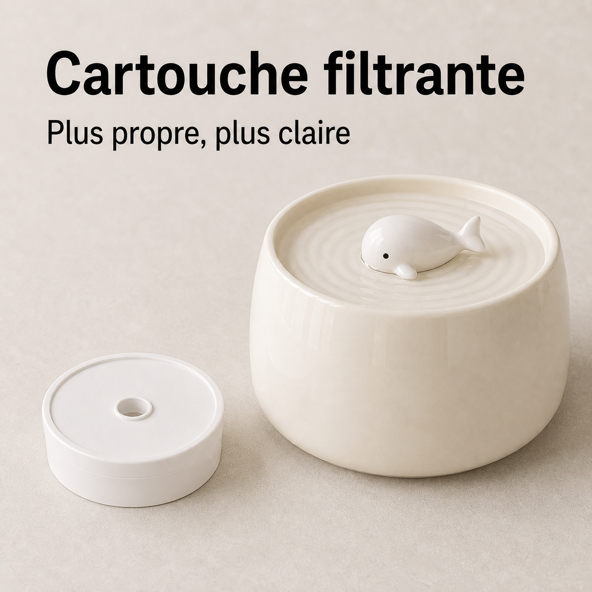 Eau filtrée propre — Fontaine à eau en céramique blanche avec baleine pour chat - 1,3L