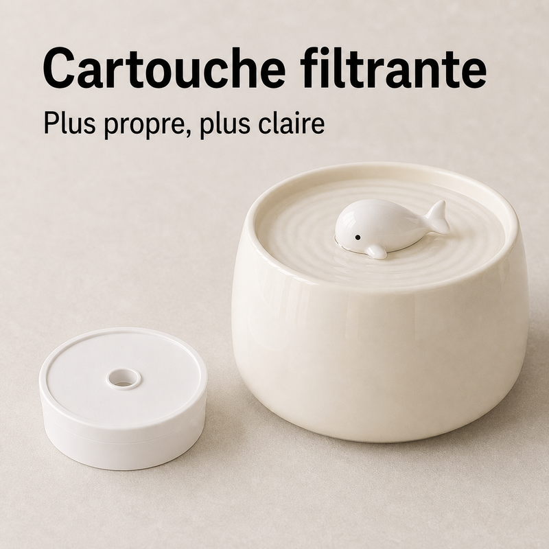 Eau filtrée propre — Fontaine à eau en céramique blanche avec baleine pour chat - 1,3L