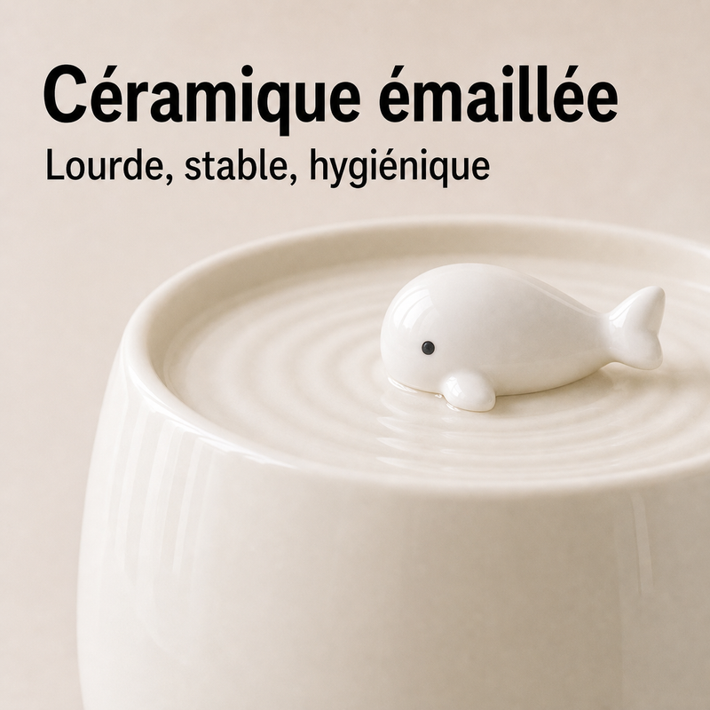 Matériaux sains — Fontaine à eau en céramique blanche avec baleine pour chat - 1,3L