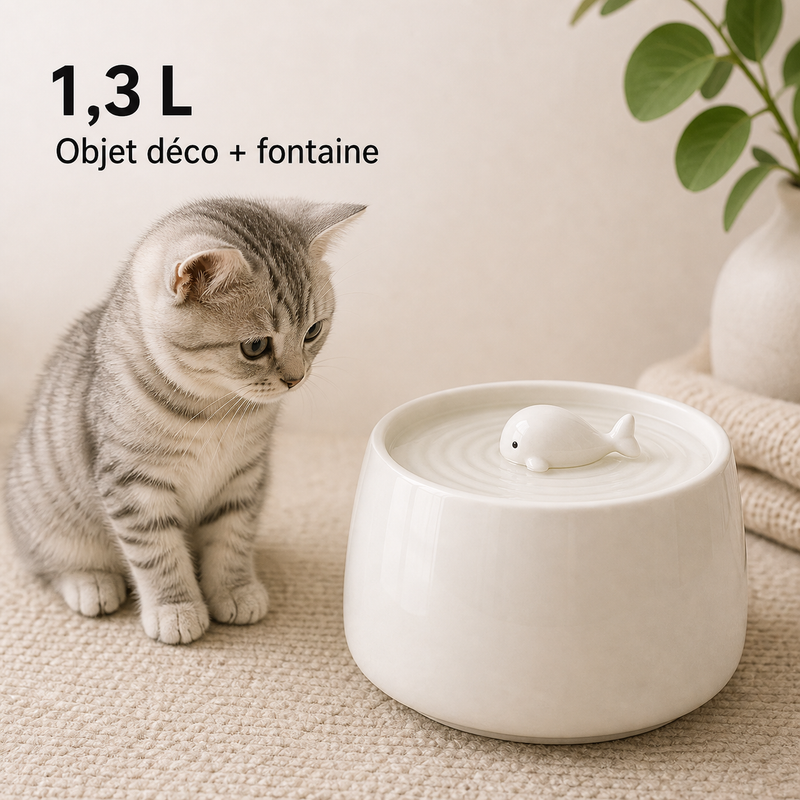 Format et capacité — Fontaine à eau en céramique blanche avec baleine pour chat - 1,3L