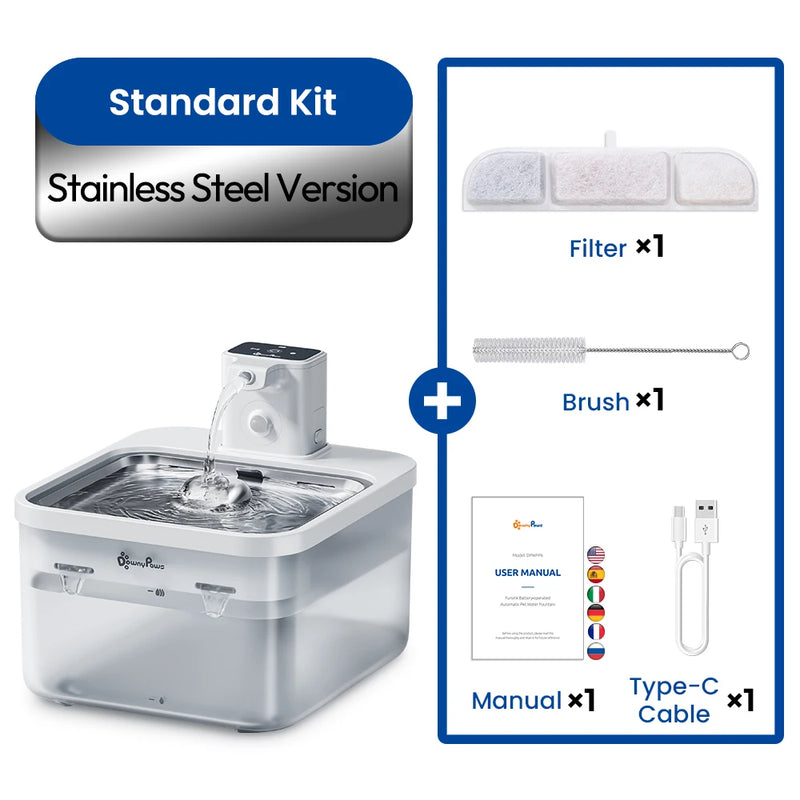 Fontaine à eau en inox blanche DownyPaws — 2,5 L