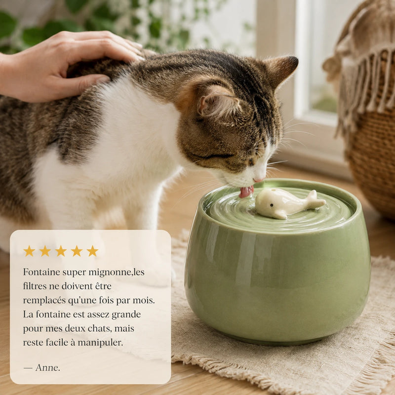 Avis client - chat qui boit à la fontaine