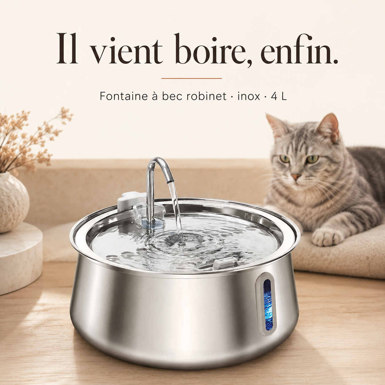 Chat qui boit à la fontaine inox à bec robinet 4 L Image