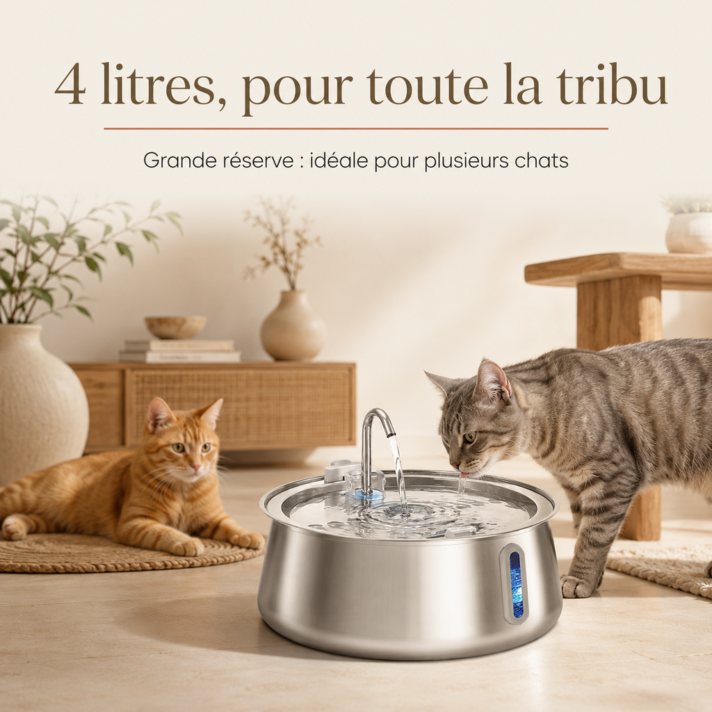 Grande réserve 4 L, fontaine bec robinet pour plusieurs chats