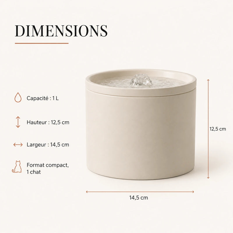 Dimensions de la fontaine à eau céramique 1 L
