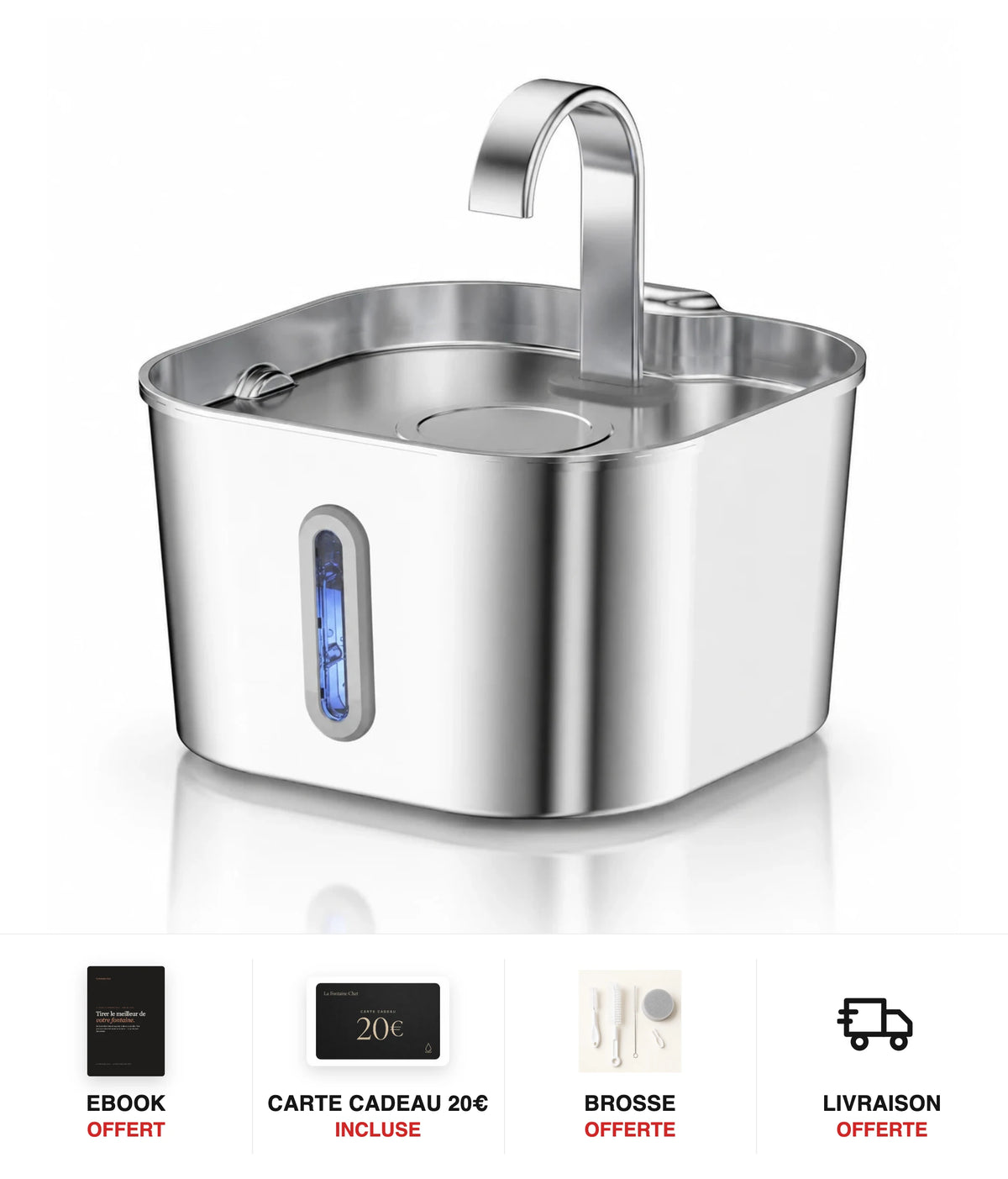Fontaine à eau chat inox bec robinet arche carrée 2,2 L - cadeaux offerts : ebook, carte cadeau 20€, brosse, livraison offerte
