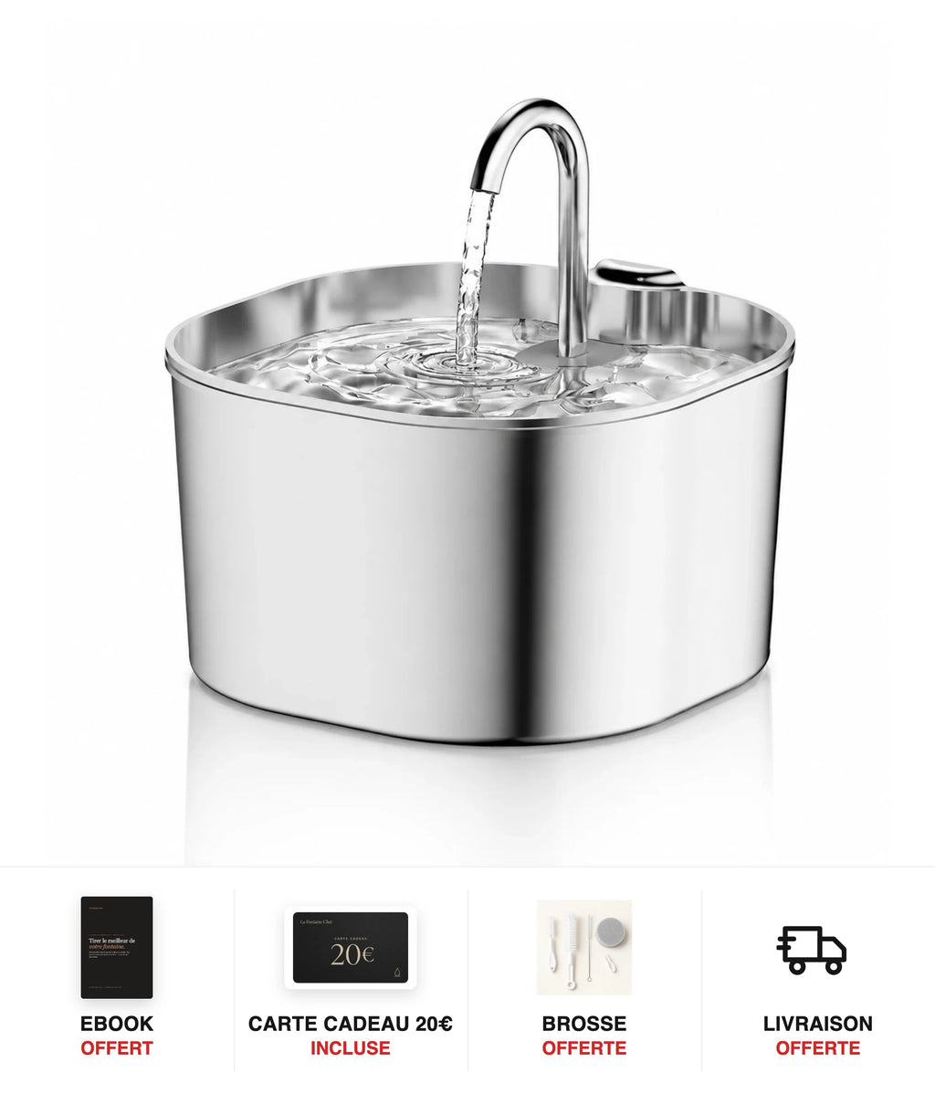 Fontaine à eau chat inox bec robinet carré 2,2 L - cadeaux offerts : ebook, carte cadeau 20€, brosse, livraison offerte