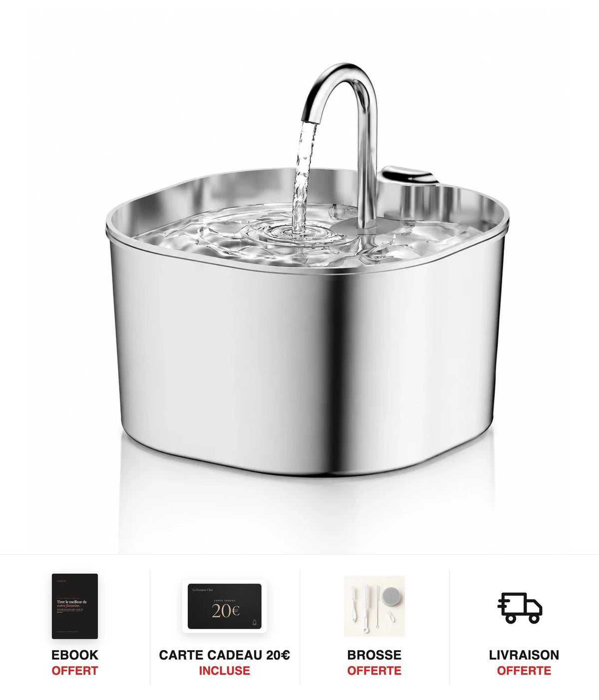 Fontaine à eau chat inox bec robinet carré 2,2 L - cadeaux offerts : ebook, carte cadeau 20€, brosse, livraison offerte