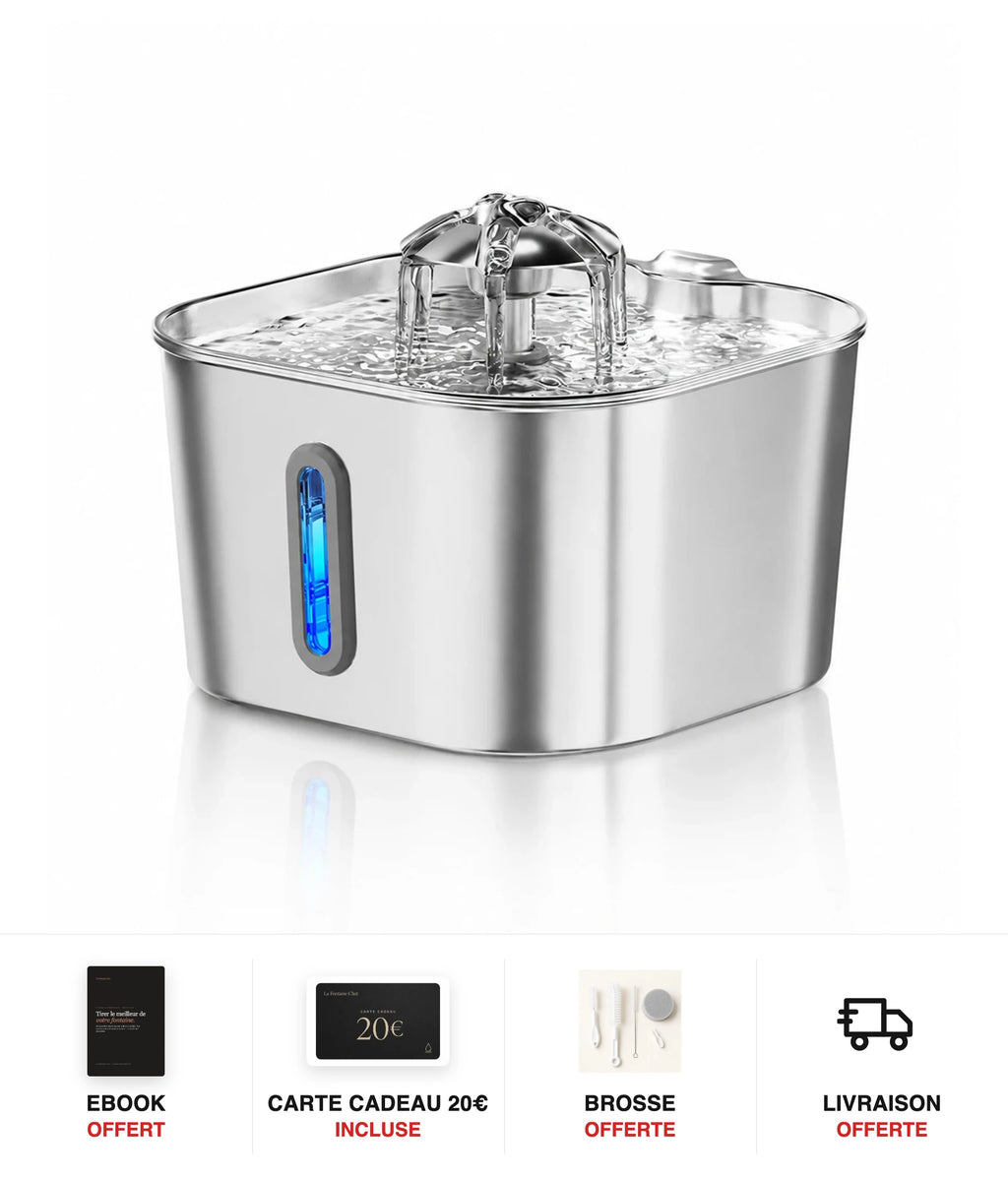 Fontaine à eau chat inox cascade fleur à hublot LED 2,2 L - cadeaux offerts : ebook, carte cadeau 20€, brosse, livraison offerte