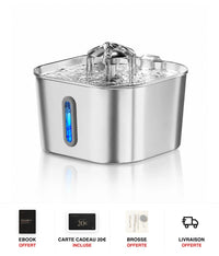 Fontaine à eau chat inox cascade fleur à hublot LED 2,2 L - cadeaux offerts : ebook, carte cadeau 20€, brosse, livraison offerte