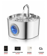 Fontaine à eau chat inox bec robinet à hublot LED 2,2 L - cadeaux offerts : ebook, carte cadeau 20€, brosse, livraison offerte