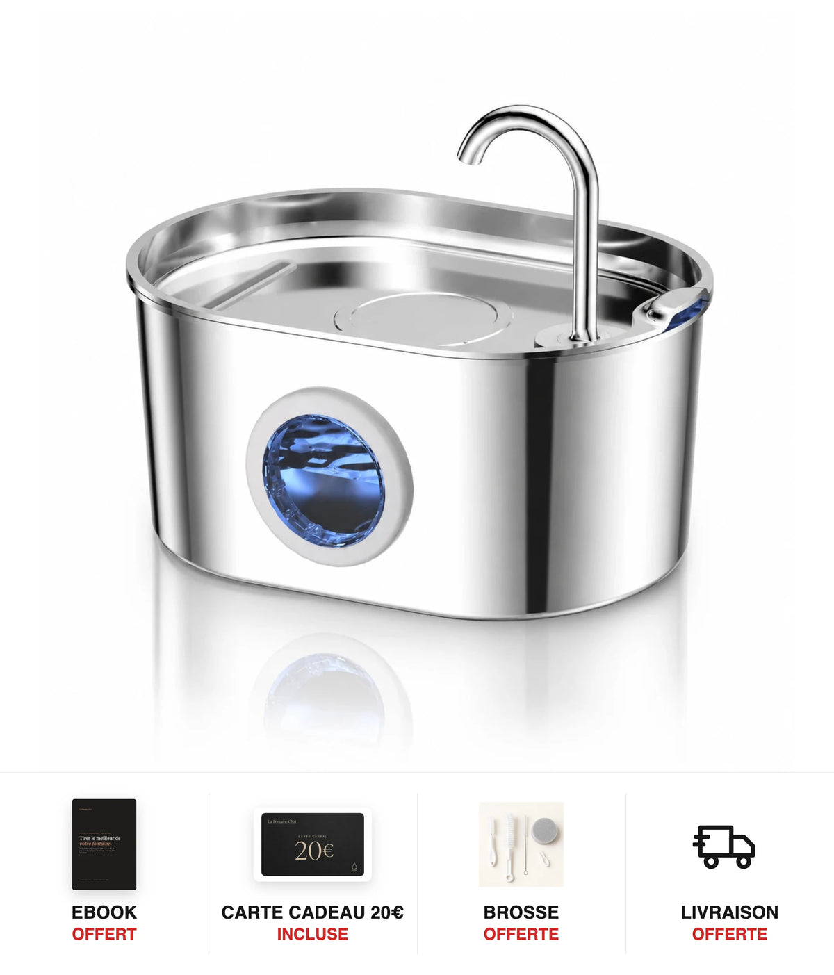 Fontaine à eau chat inox ovale bec robinet à hublot LED 2,2 L - cadeaux offerts : ebook, carte cadeau 20€, brosse, livraison offerte