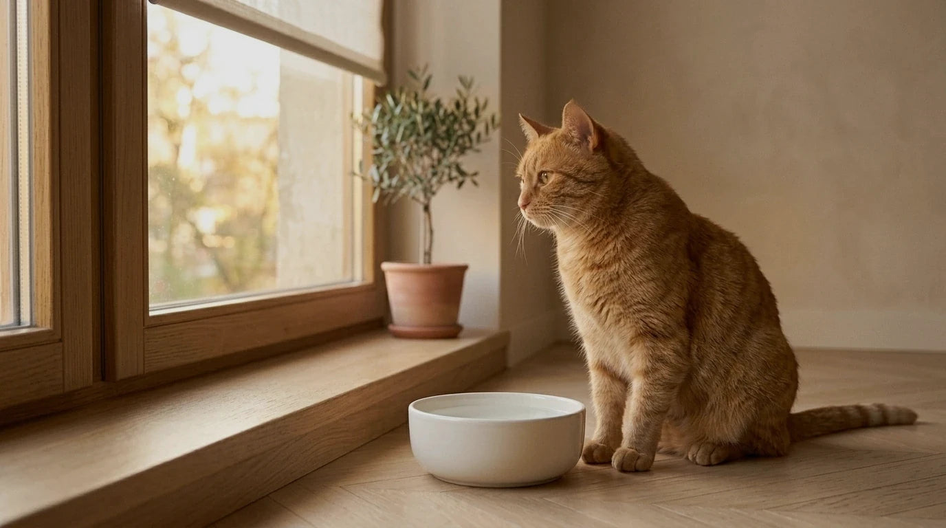 Chat roux assis près d'un bol céramique à côté d'une fenêtre, La Fontaine Chat